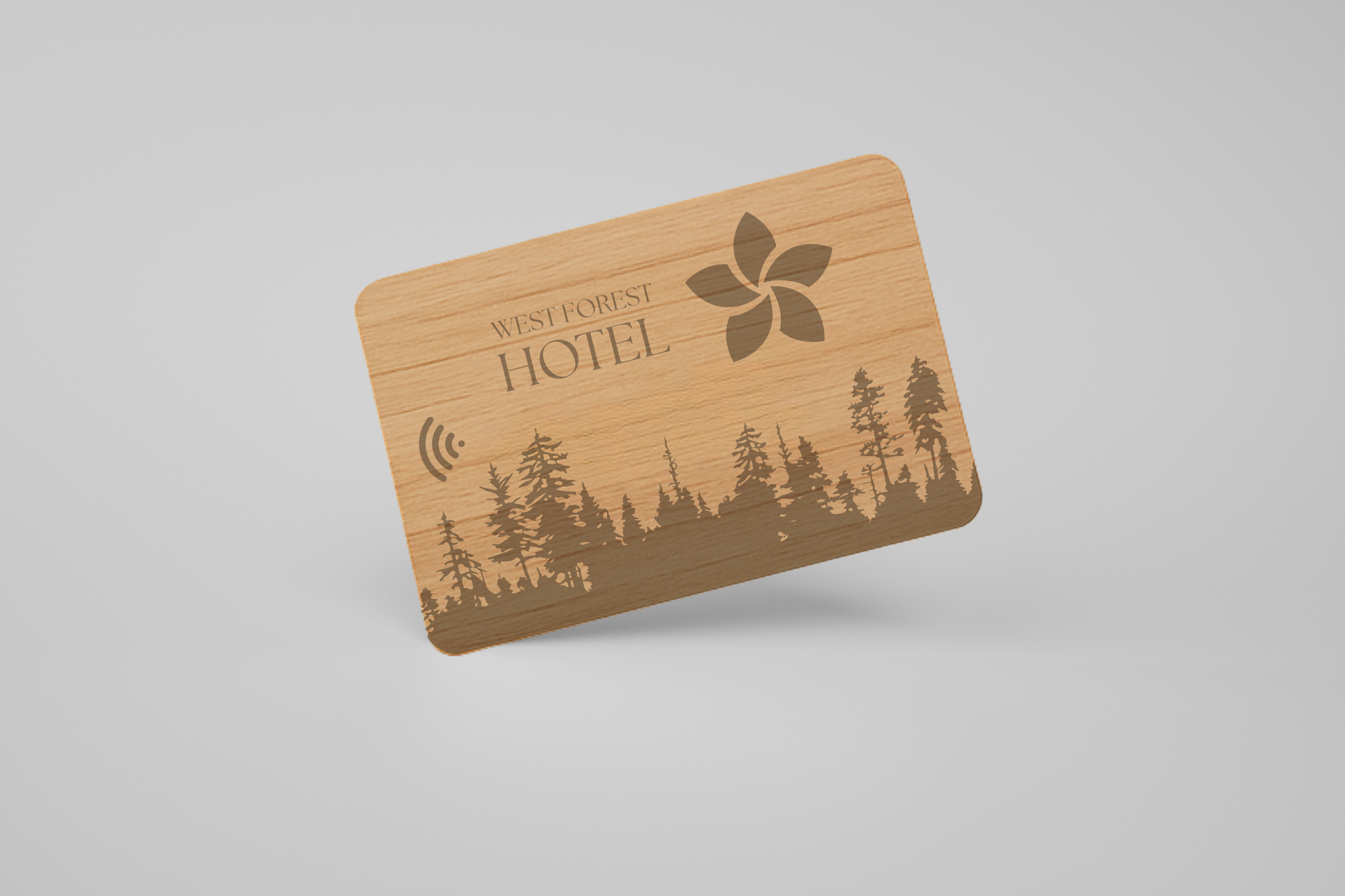 Et bilde av et mørkt RFID-kort laget av tre