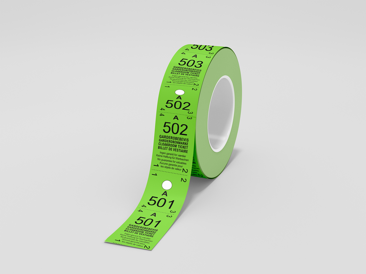 Et foto av Garderobebilletter 2-delt (500 stk) fra JM Band®. Kjøp Billetter i Grønn her.