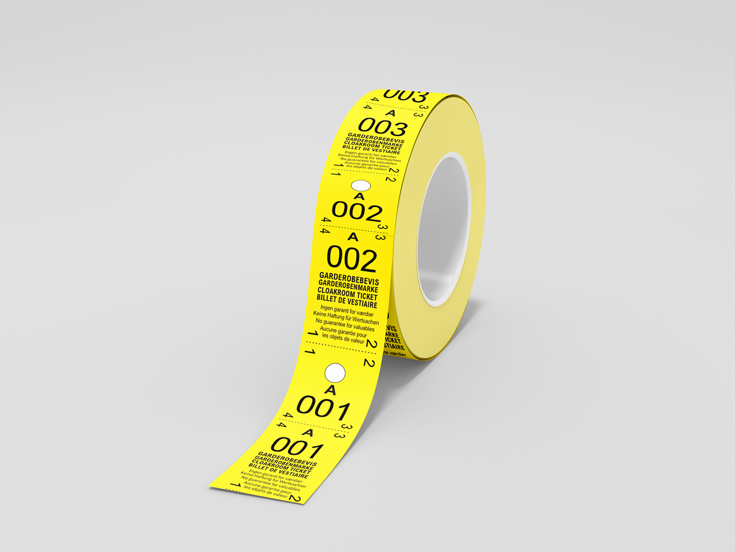 Et foto av Garderobebilletter 2-delt (500 stk) fra JM Band®. Kjøp Billetter i Gul her.