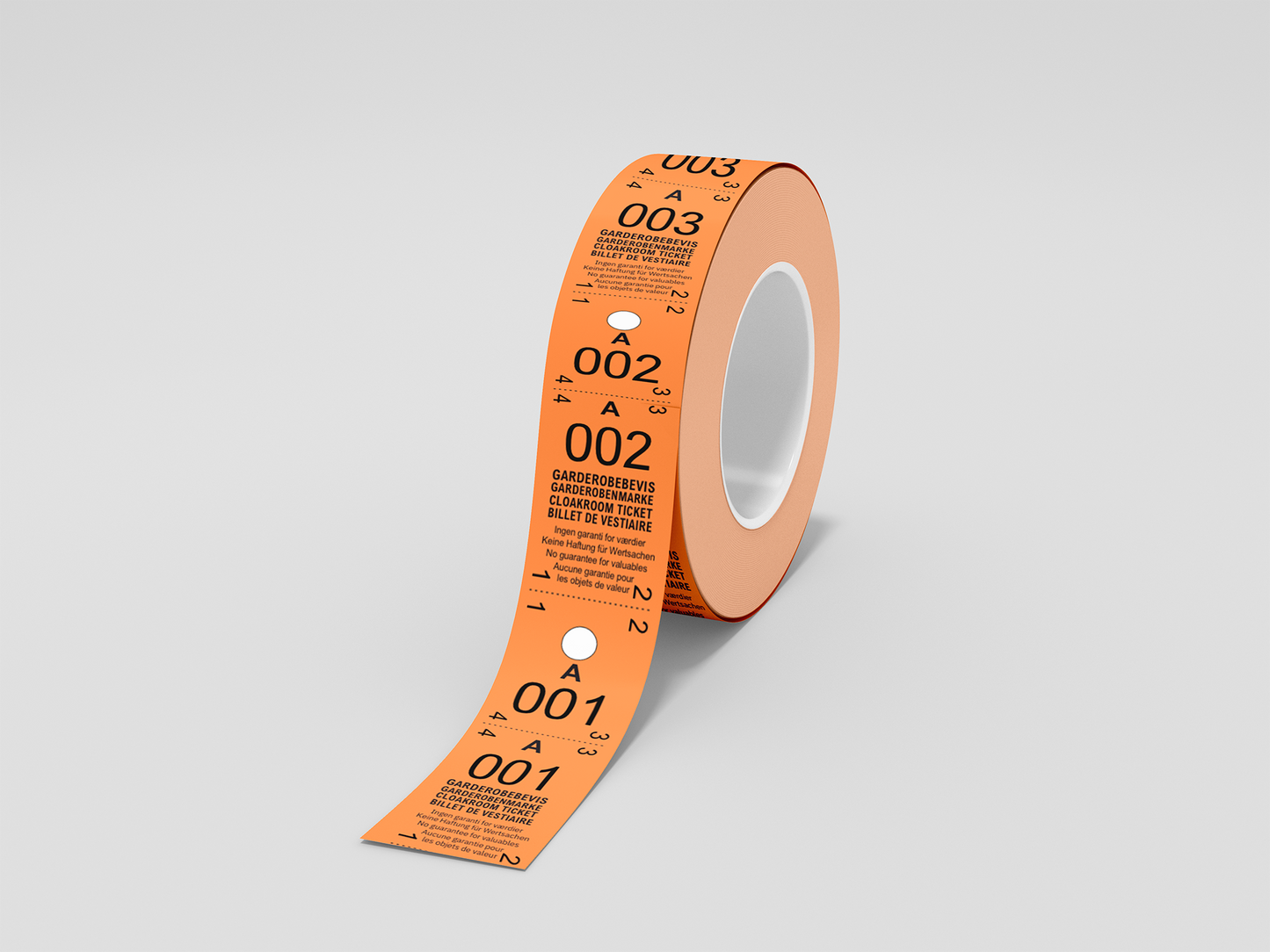 Et foto av Garderobebilletter 2-delt (500 stk) fra JM Band®. Kjøp Billetter i oransje her.