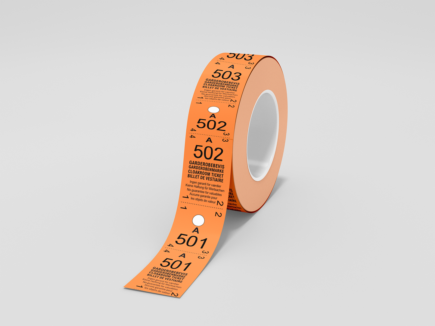 Et foto av Garderobebilletter 2-delt (500 stk) fra JM Band®. Kjøp Billetter i oransje her.