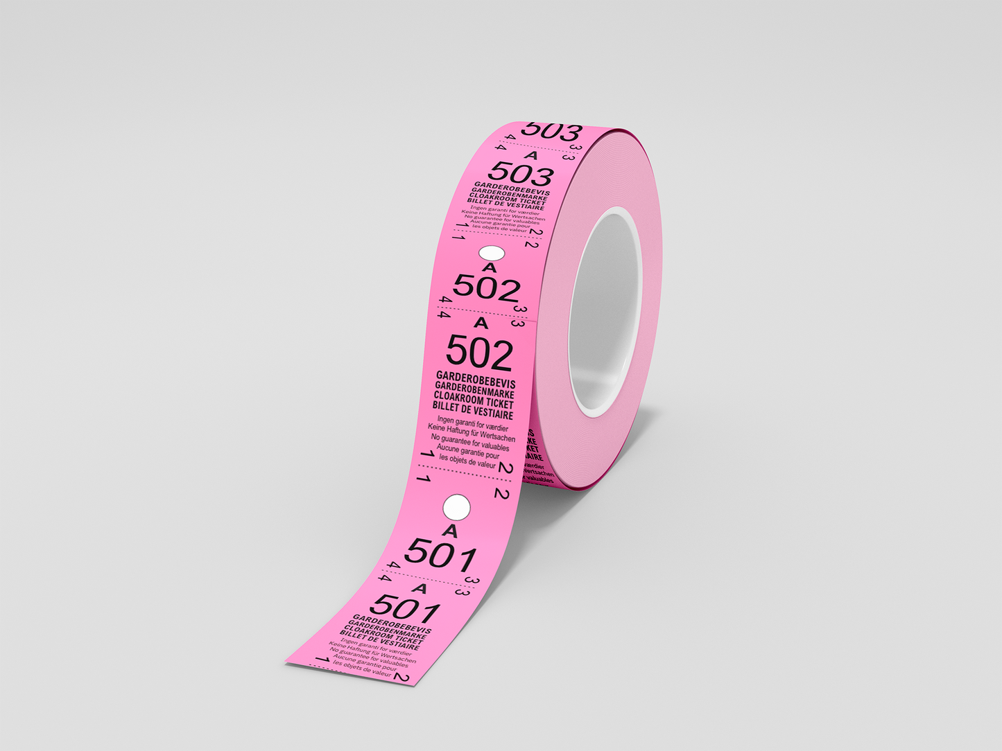 Et foto av Garderobebilletter 2-delt (500 stk) fra JM Band®. Kjøp Billetter i pink her.