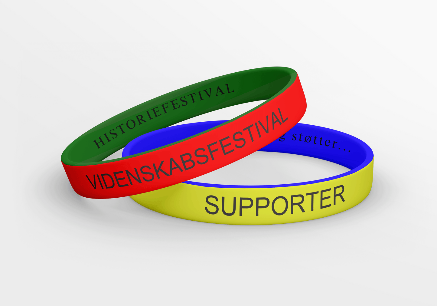 Et par Silikon Armbånd - Trykt Innvendig og Utvendig med ordene 'videnskabe festival supporter' av JM Band®.