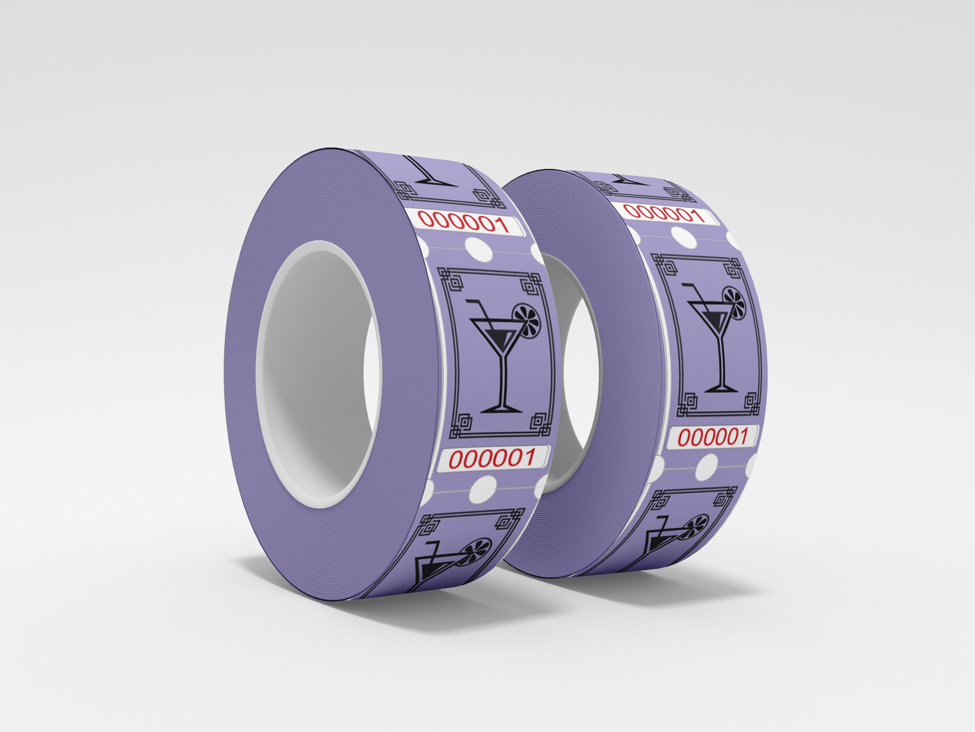 To ruller med lilla tape med Drikkebilletter drikkebilletter på, av JM Band®.