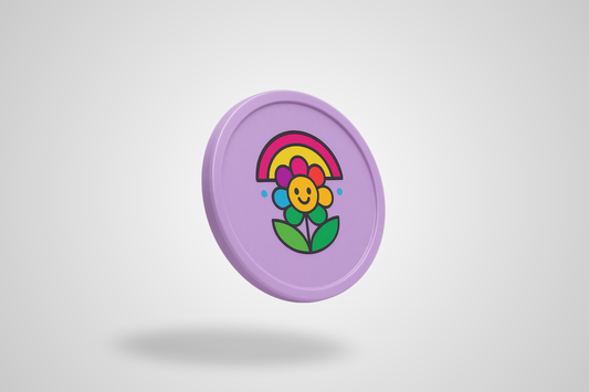 Et bilde av en rosa plastpollett med fargetrykk