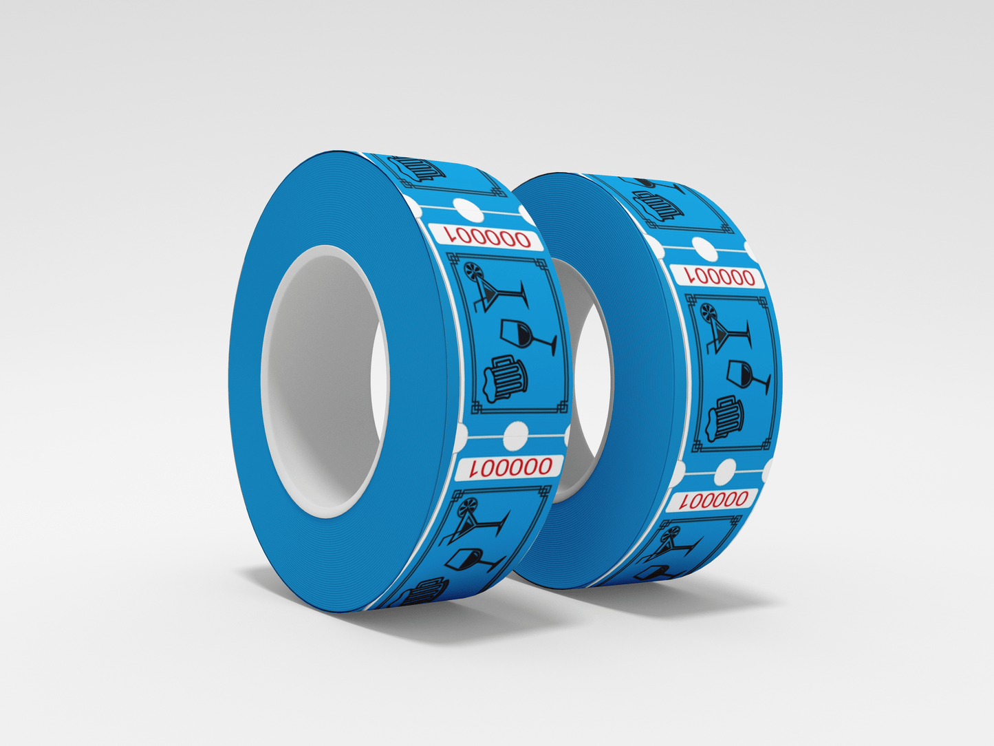 To ruller med Drikkebilletter av JM Band® på hvit bakgrunn - billetter som kan innløses.