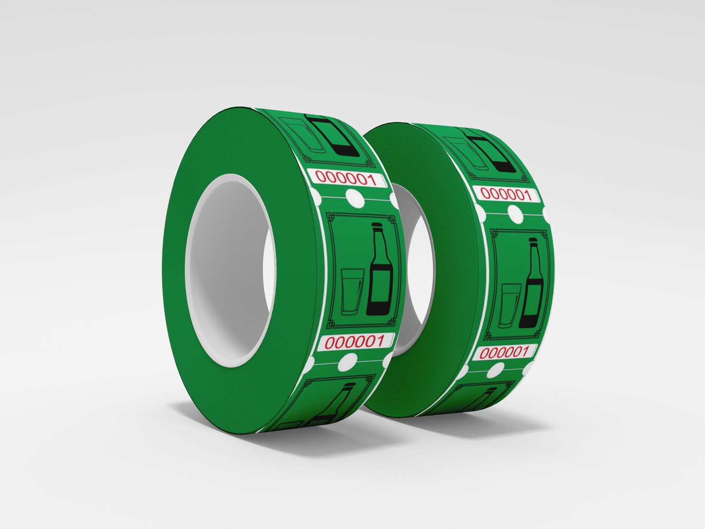 To ruller med grønn tape med advarselsetikett og drikkebilletter fra JM Band® på.