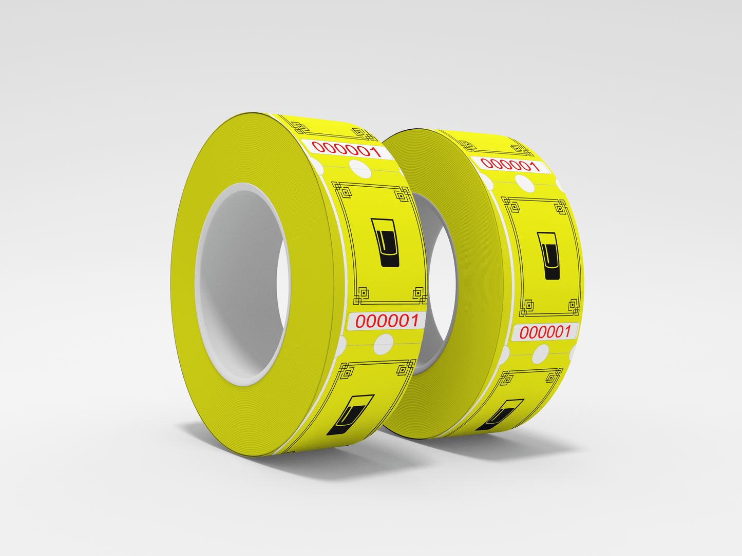 To ruller JM Band® gul tape på hvit bakgrunn som indikerer Drikkebilletter.