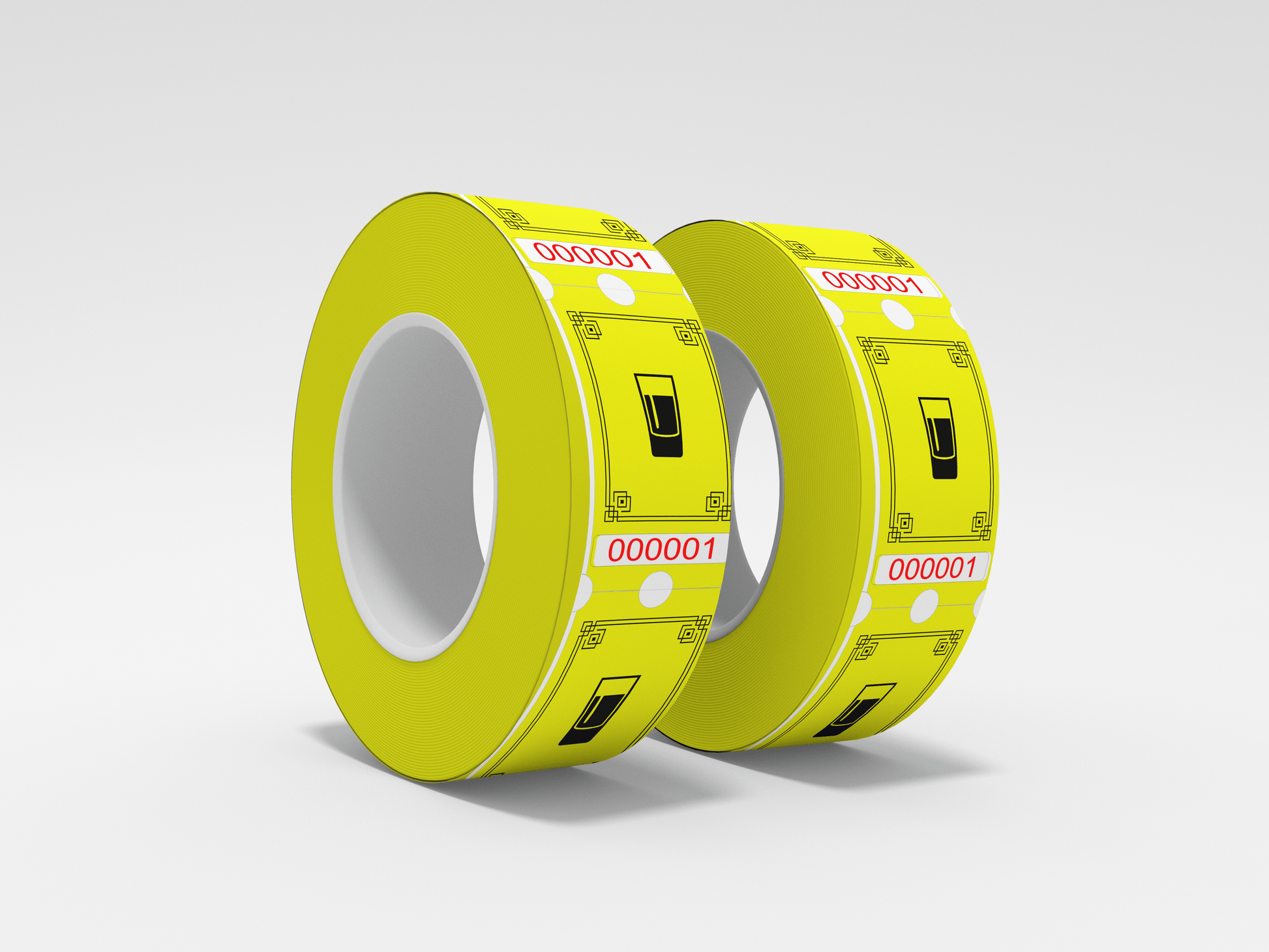 To ruller JM Band® gul tape på hvit bakgrunn som indikerer Drikkebilletter.