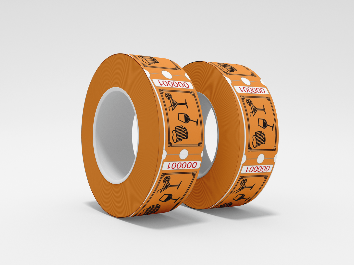 To ruller Drikkebilletter tape på hvit bakgrunn, laget av JM Band®.