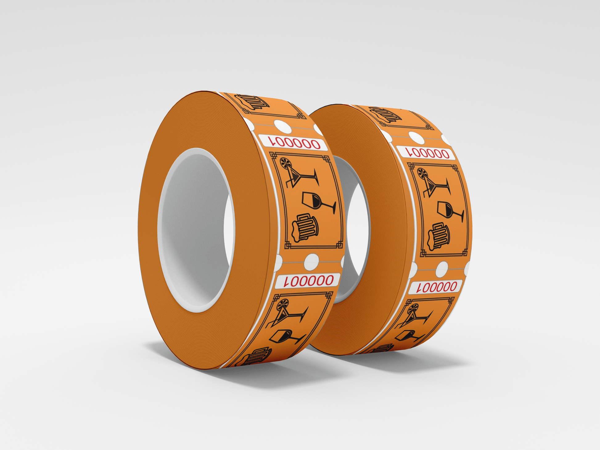 To ruller Drikkebilletter tape på hvit bakgrunn, laget av JM Band®.