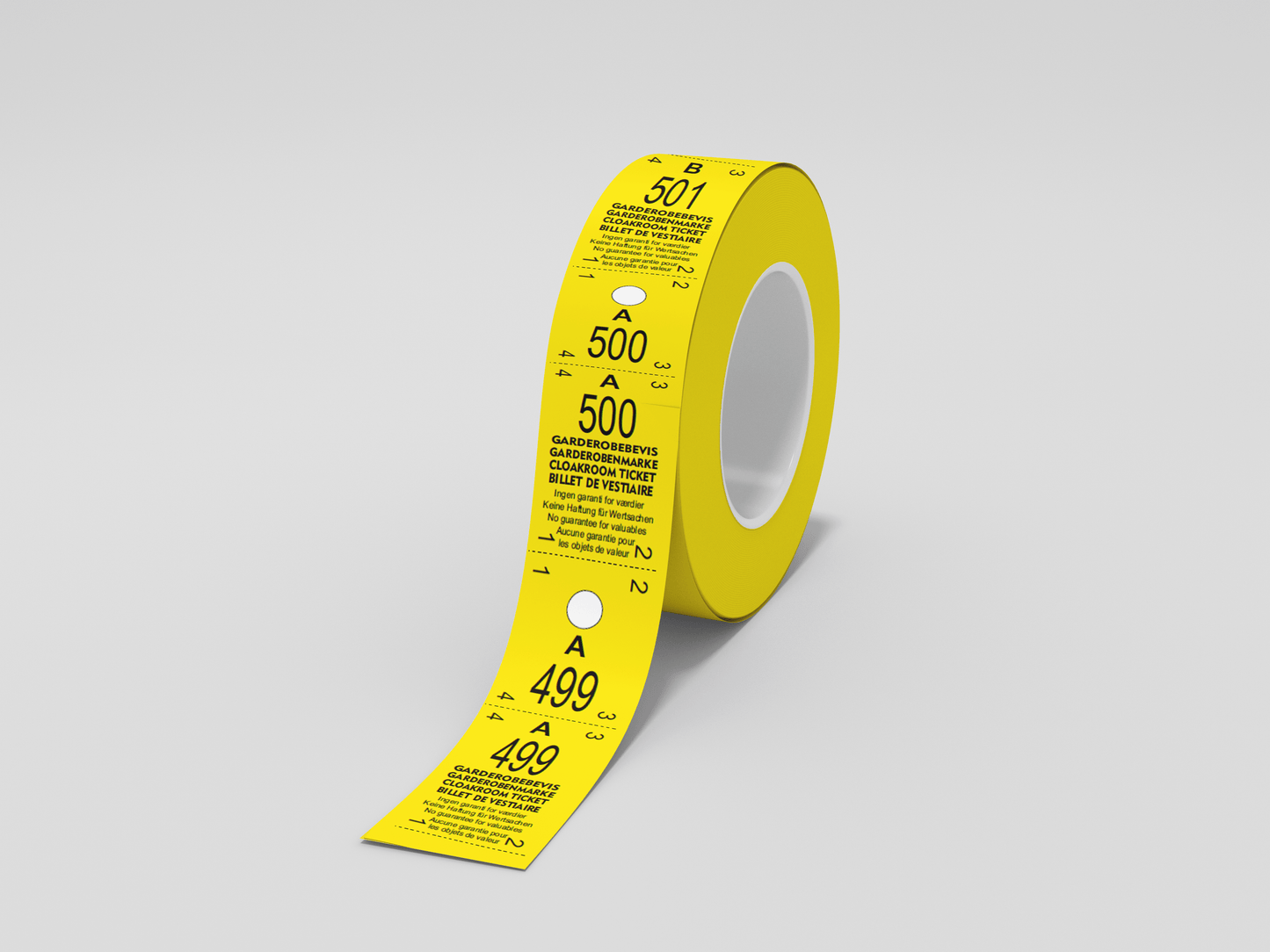 En rull Garderobelapper rulle 500 til deler tape på hvit bakgrunn, egnet for å markere områder eller kontrollere publikumsflyten ved arrangementer som krever billetter eller drikkebilletter. Selges av JM Band®.