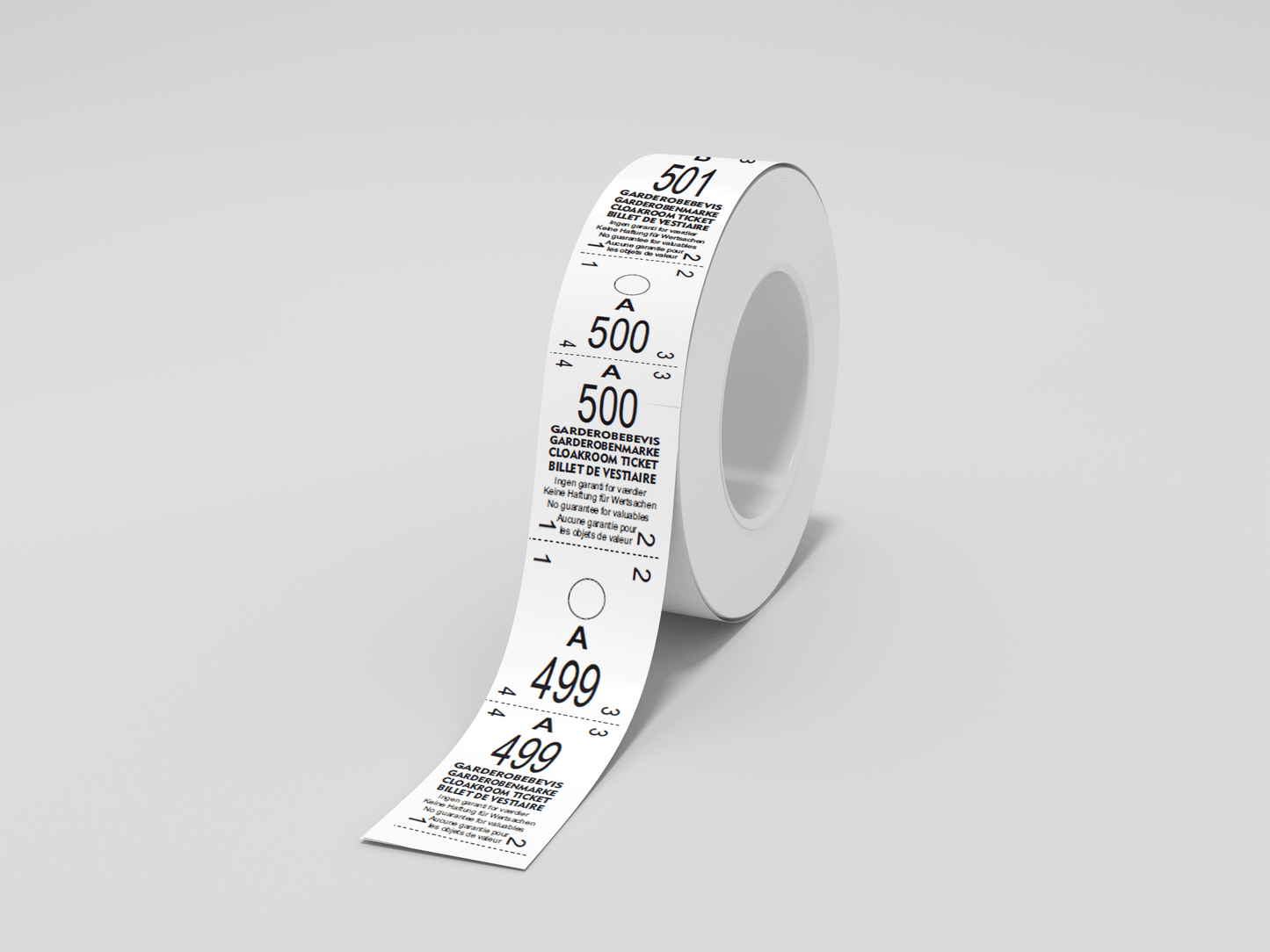 En rull Garderobelapper rulle 500 til deler tape med et nummer på, egnet for inngangsbilletter eller billetter som kan innløses. (Merkenavn: JM Band®)