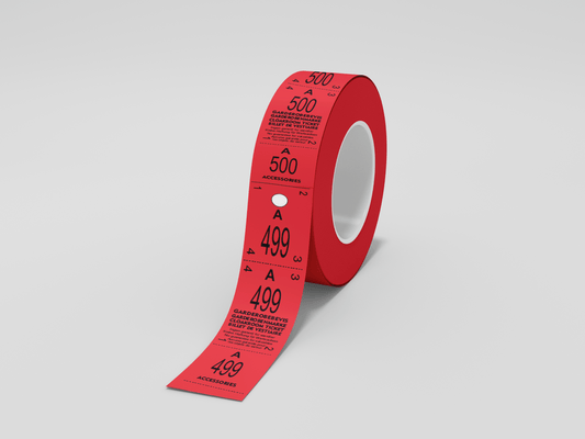 En rød Garderobelapper rulle 500 tre delt med billetter på. (Merkenavn: JM Band®)