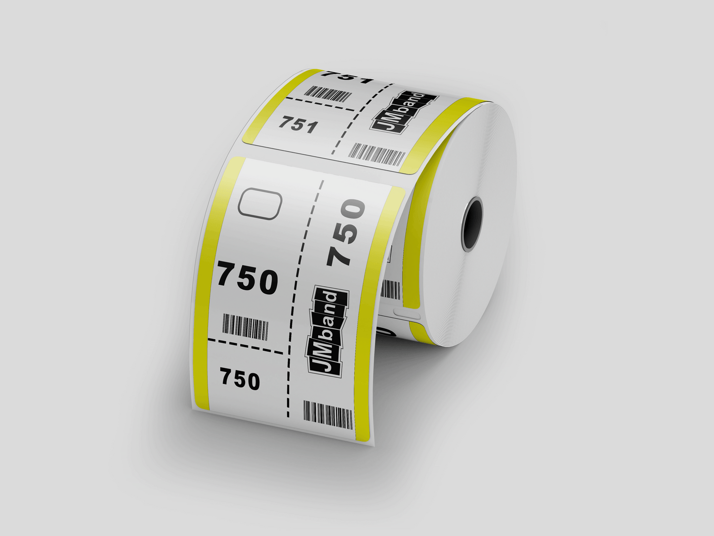 En rull Garderobelapper trykk Design selv billetter på grå bakgrunn fra JM Band®.