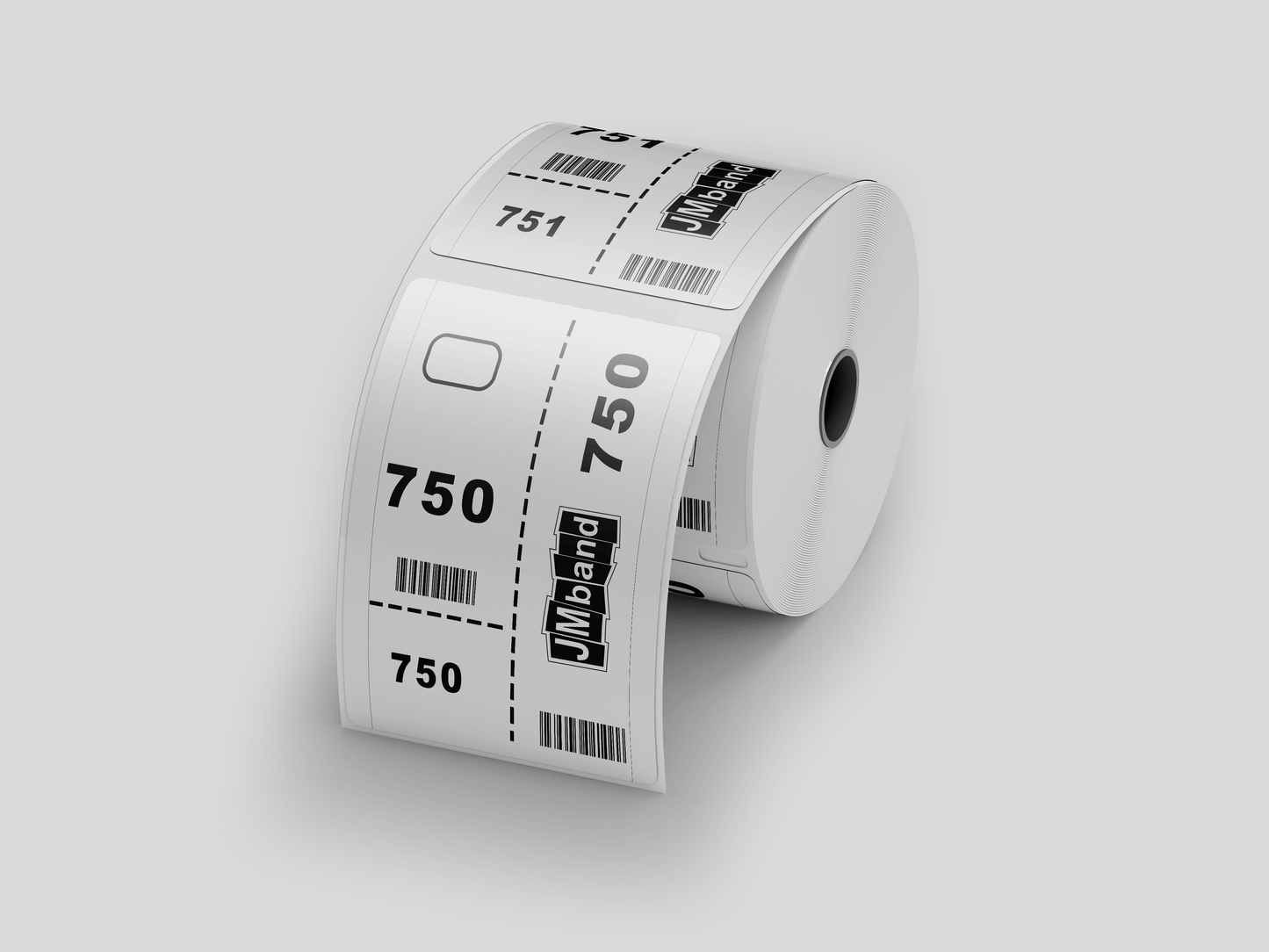 En rull Garderobelapper trykk Design selv inngangsbilletter på grå bakgrunn, av JM Band®.