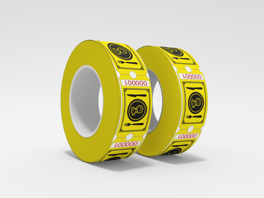 To gule ruller med Matbilletter-tape av JM Band® på hvit bakgrunn.