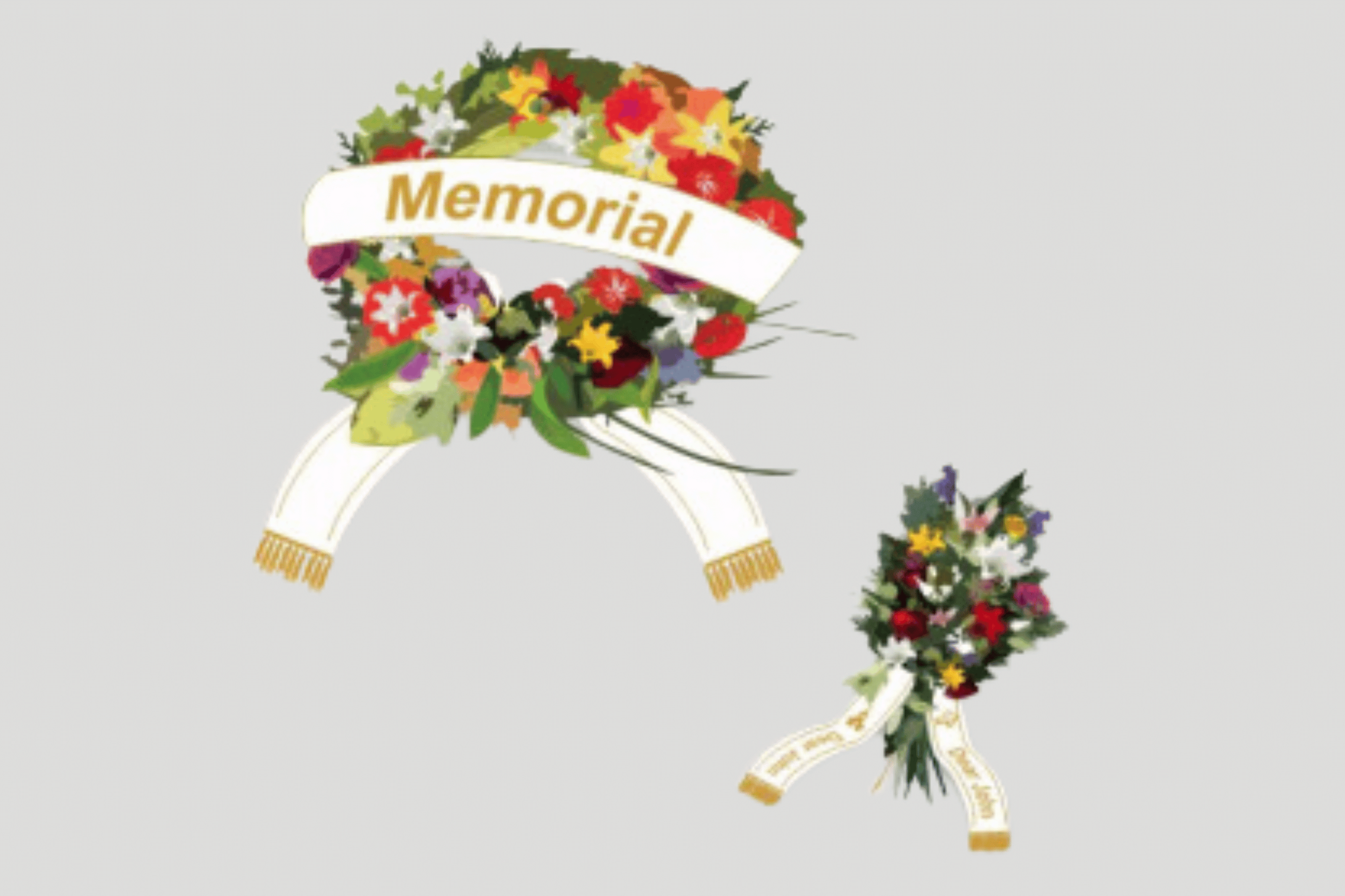 En blomsterkrans med ordene minnesmerke på.