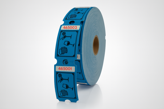 En rulle med blå tape med design på som kan løses inn som JM Band® drikkebilletter eller billetter.
