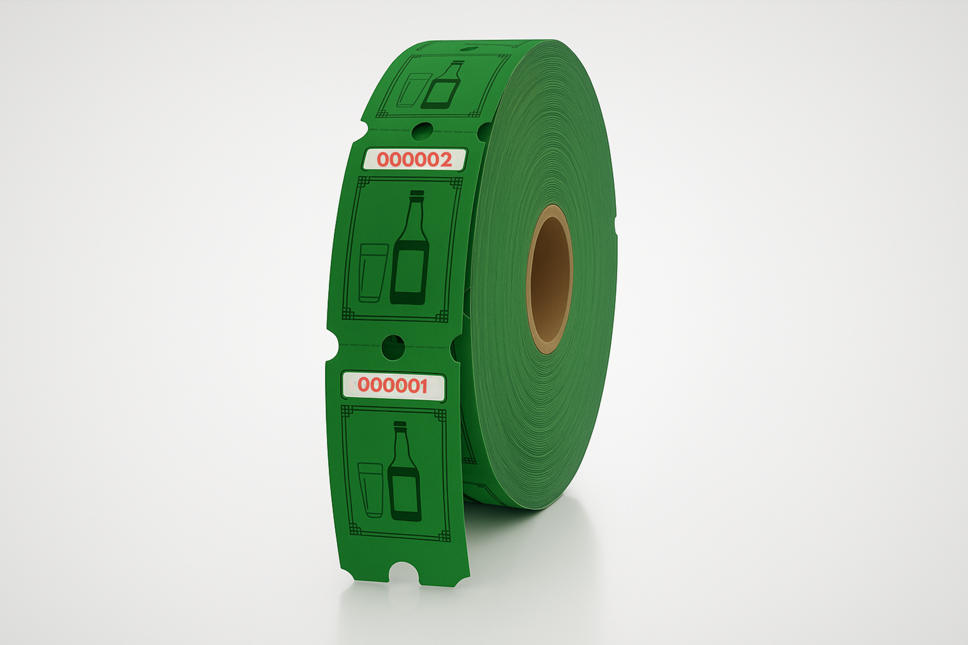 En rulle med grønn tape med advarselsetikett og drikkebilletter fra JM Band® på.