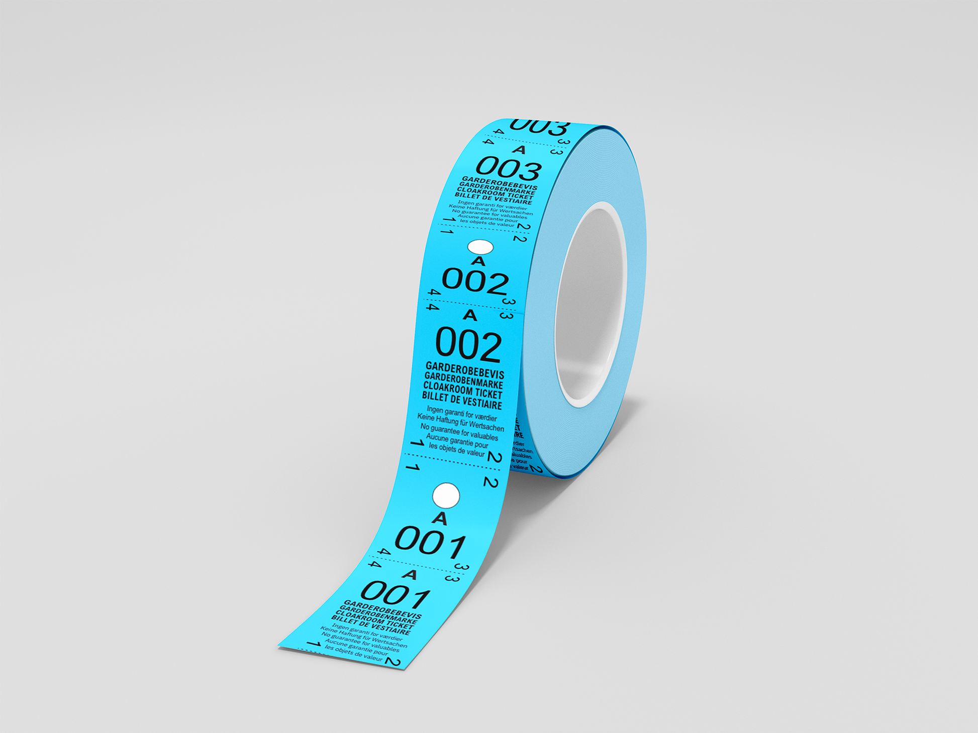 Et foto av Garderobebilletter 2-delt (500 stk) fra JM Band®. Kjøp Billetter i Blå her.