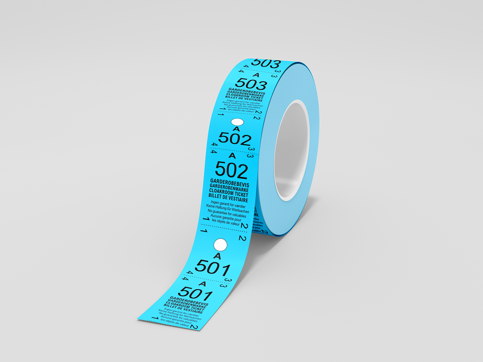 Et foto av Garderobebilletter 2-delt (500 stk) fra JM Band®. Kjøp Billetter i Blå her.