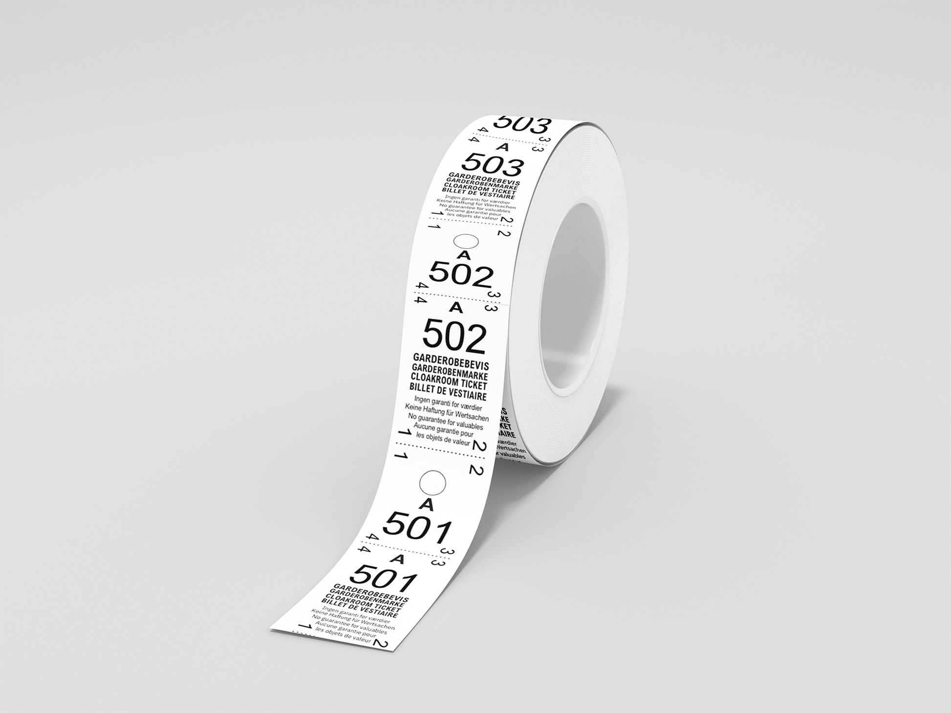 Et foto av Garderobebilletter 2-delt (500 stk) fra JM Band®. Kjøp Billetter i Hvit her.