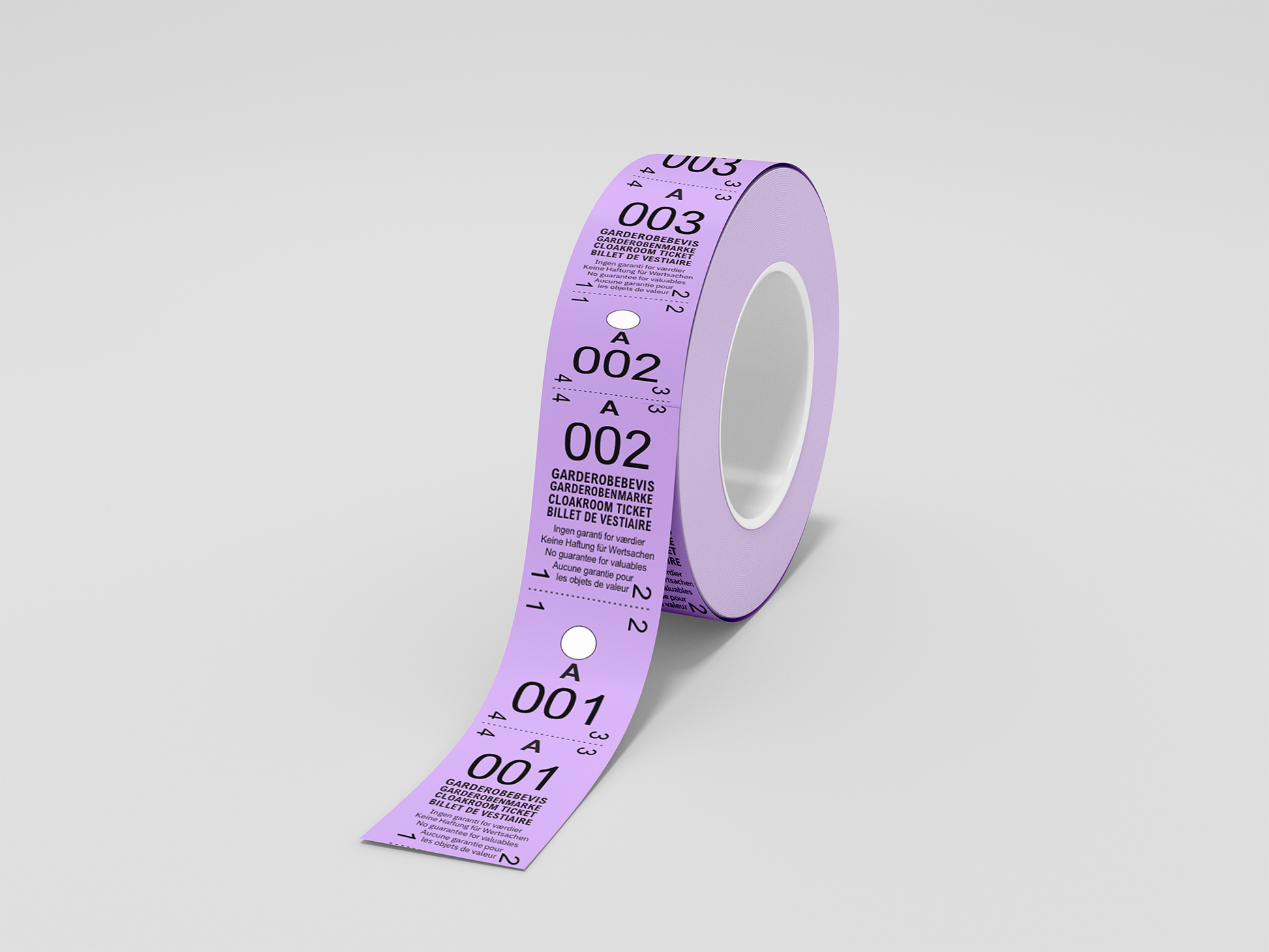 Et foto av Garderobebilletter 2-delt (500 stk) fra JM Band®. Kjøp Billetter i Lilla her.