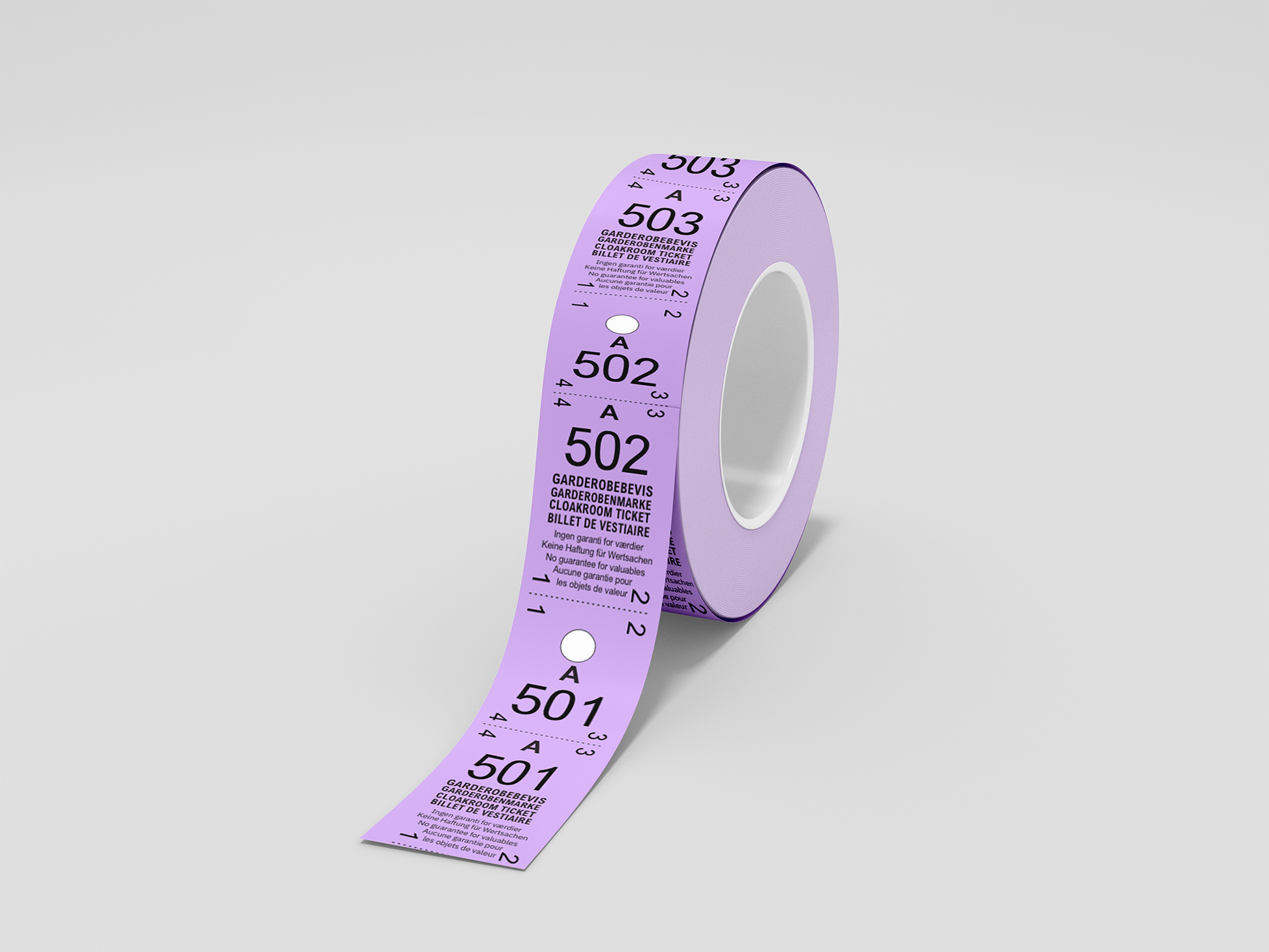 Et foto av Garderobebilletter 2-delt (500 stk) fra JM Band®. Kjøp Billetter i lilla her.