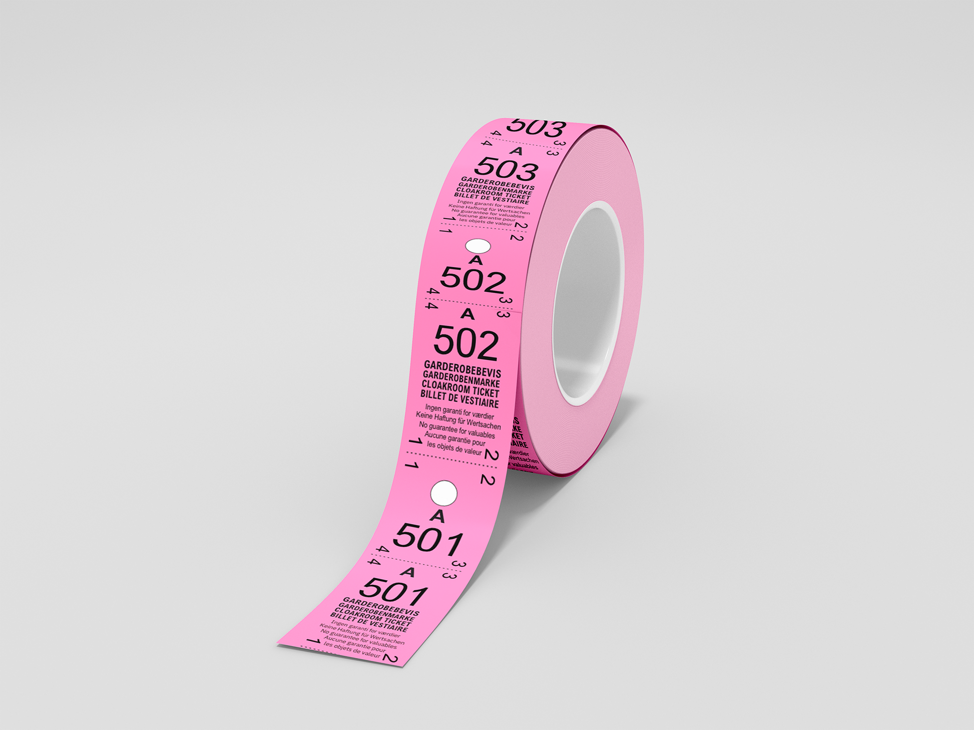 Et foto av Garderobebilletter 2-delt (500 stk) fra JM Band®. Kjøp Billetter i pink her.