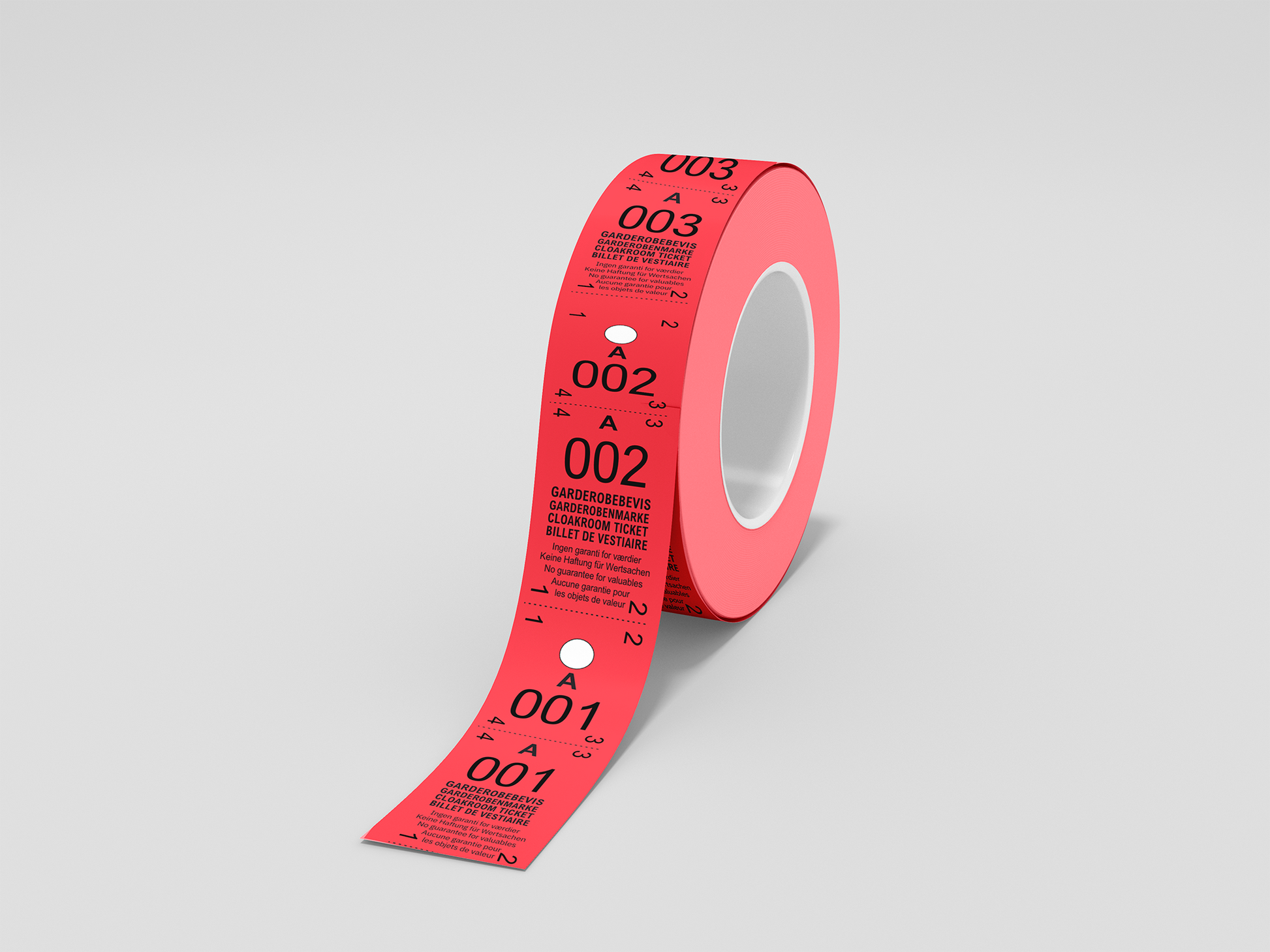 Et foto av Garderobebilletter 2-delt (500 stk) fra JM Band®. Kjøp Billetter i rød her.