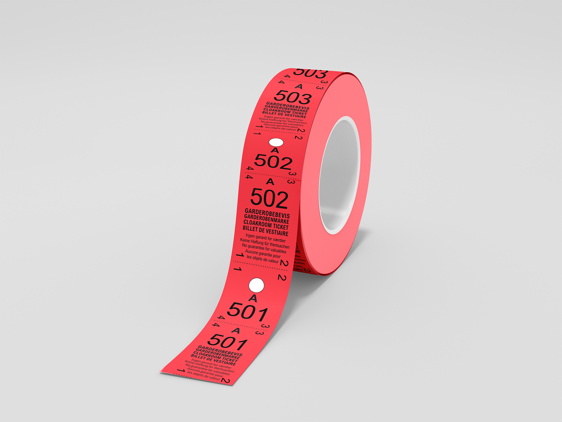 Et foto av Garderobebilletter 2-delt (500 stk) fra JM Band®. Kjøp Billetter i rød her.