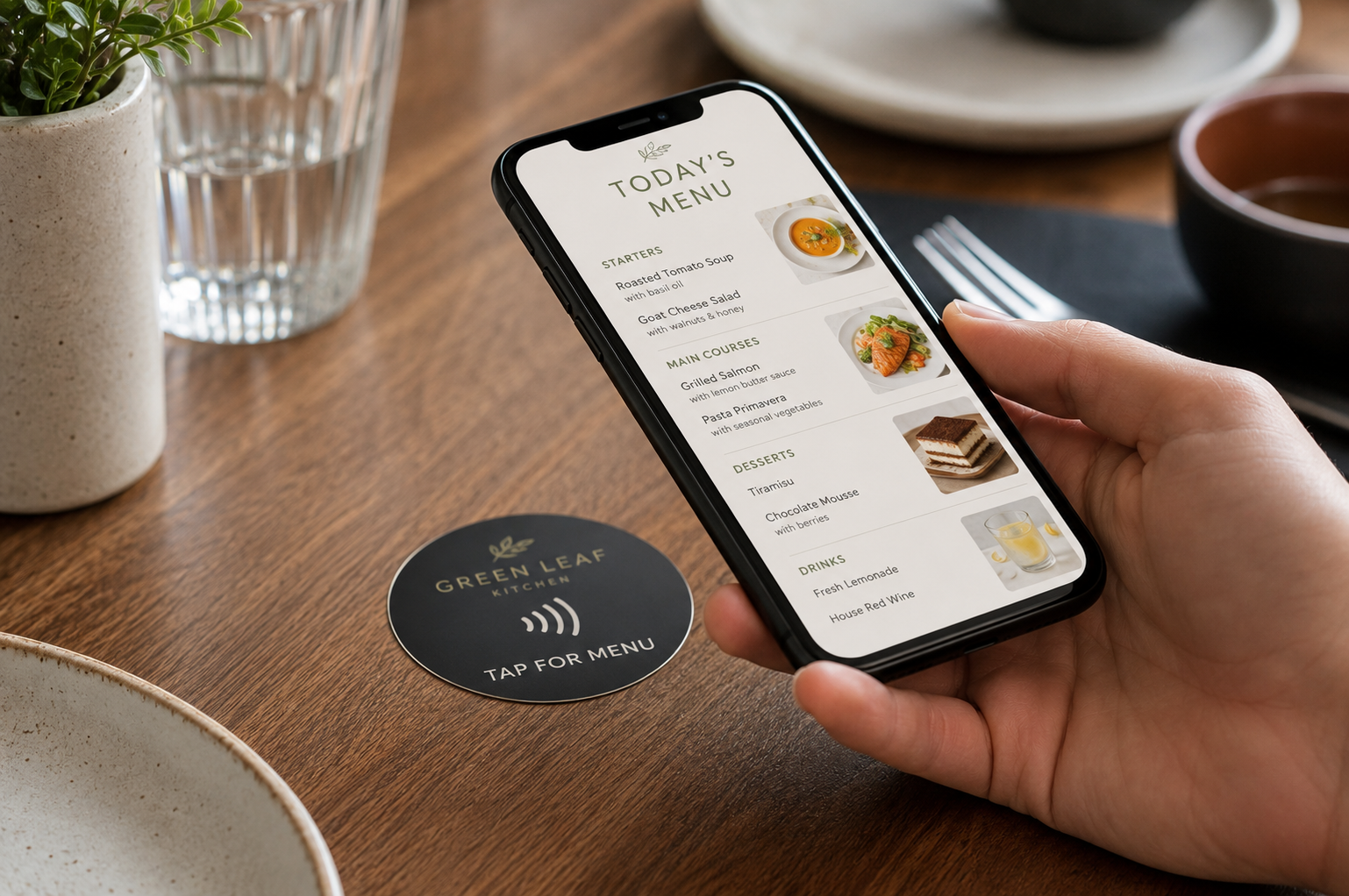 Digitale menyer med NFC-klistremerker på travle lunsjkafeer