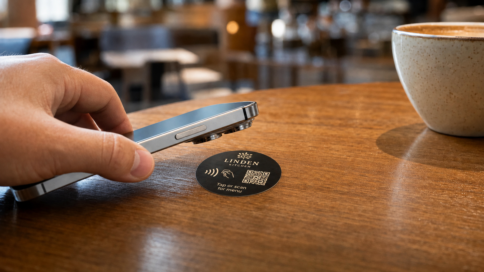 Digitale menyer med NFC-klistremerker på travle lunsjkafeer