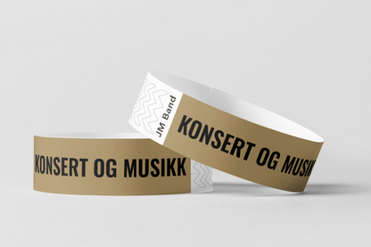 To Papirarmbånd med trykk Via e-post armbånd med ordene konsert og musikalsk musikk av JM Band NO.