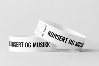 Et par JM Band NO Papirarmbånd med trykk Via e-post med ordene 'konsert musikk og konsert musikk.