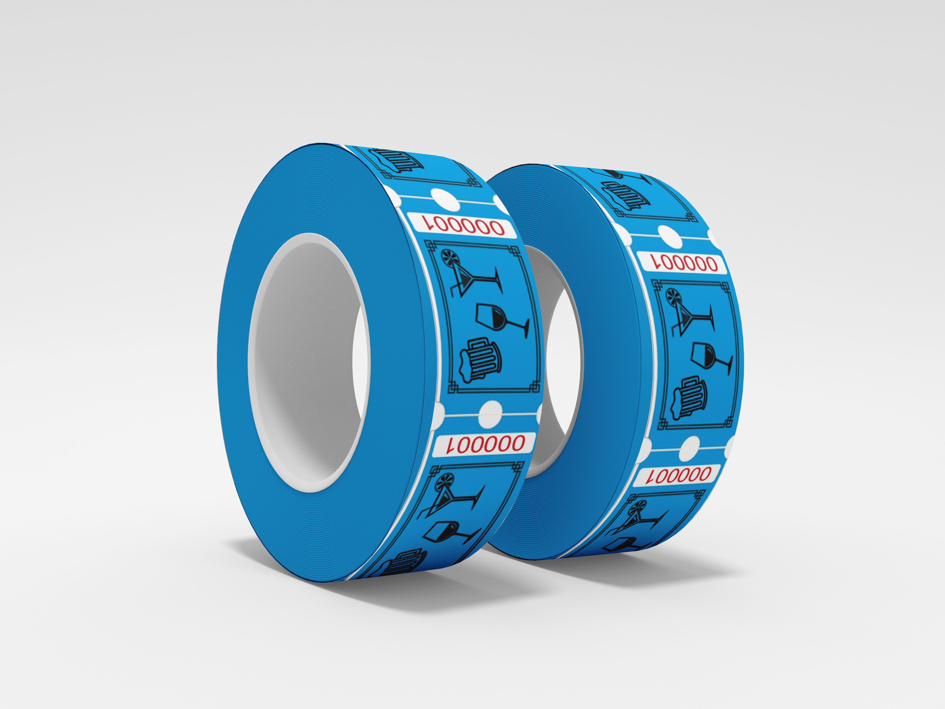 To ruller med Drikkebilletter av JM Band® på hvit bakgrunn - billetter som kan innløses.