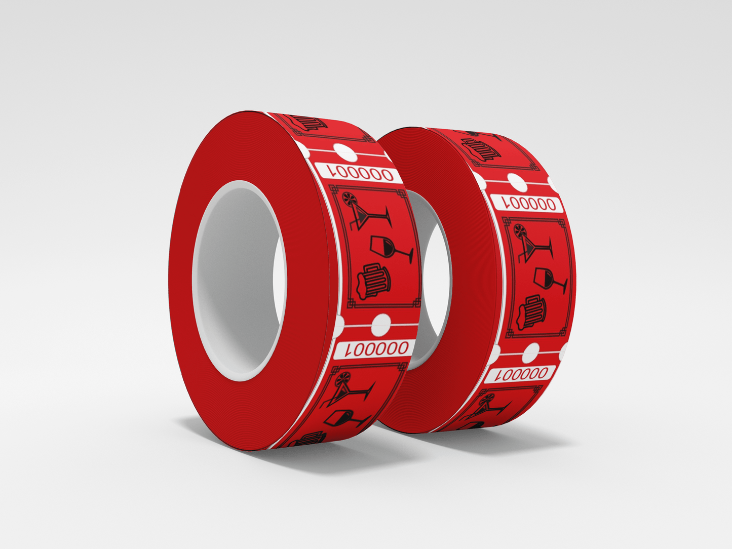 To ruller med rød og svart tape med design, egnet for Drikkebilletter av JM Band NO.