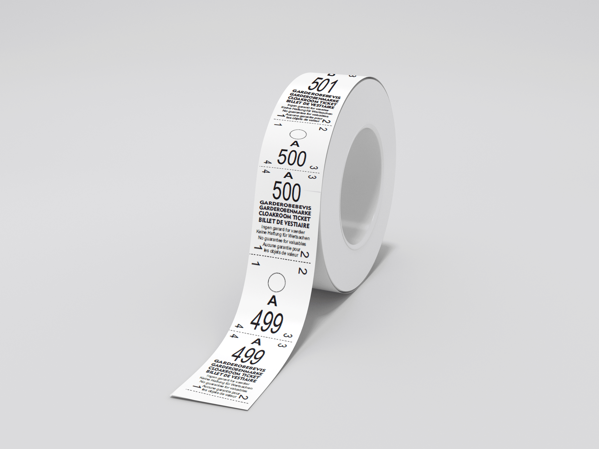 En rull Garderobelapper rulle 500 til deler tape med et nummer på, egnet for inngangsbilletter eller billetter som kan innløses. (Merkenavn: JM Band®)