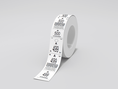 En Garderobelapper rulle 500 tre delt tape med et nummer på, egnet for bruk som drikkebilletter fra JM Band NO.