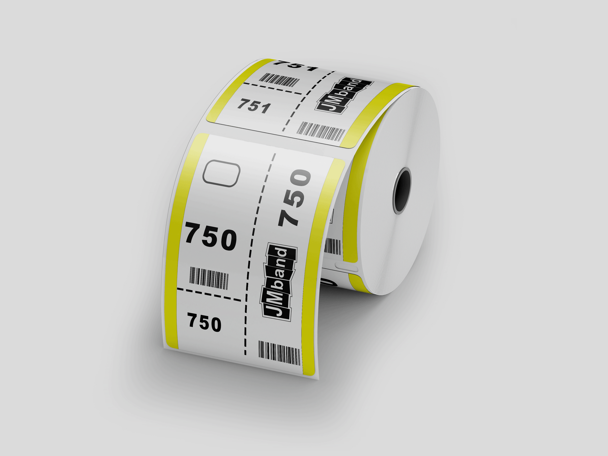 En rull Garderobelapper trykk Design selv billetter på grå bakgrunn fra JM Band®.