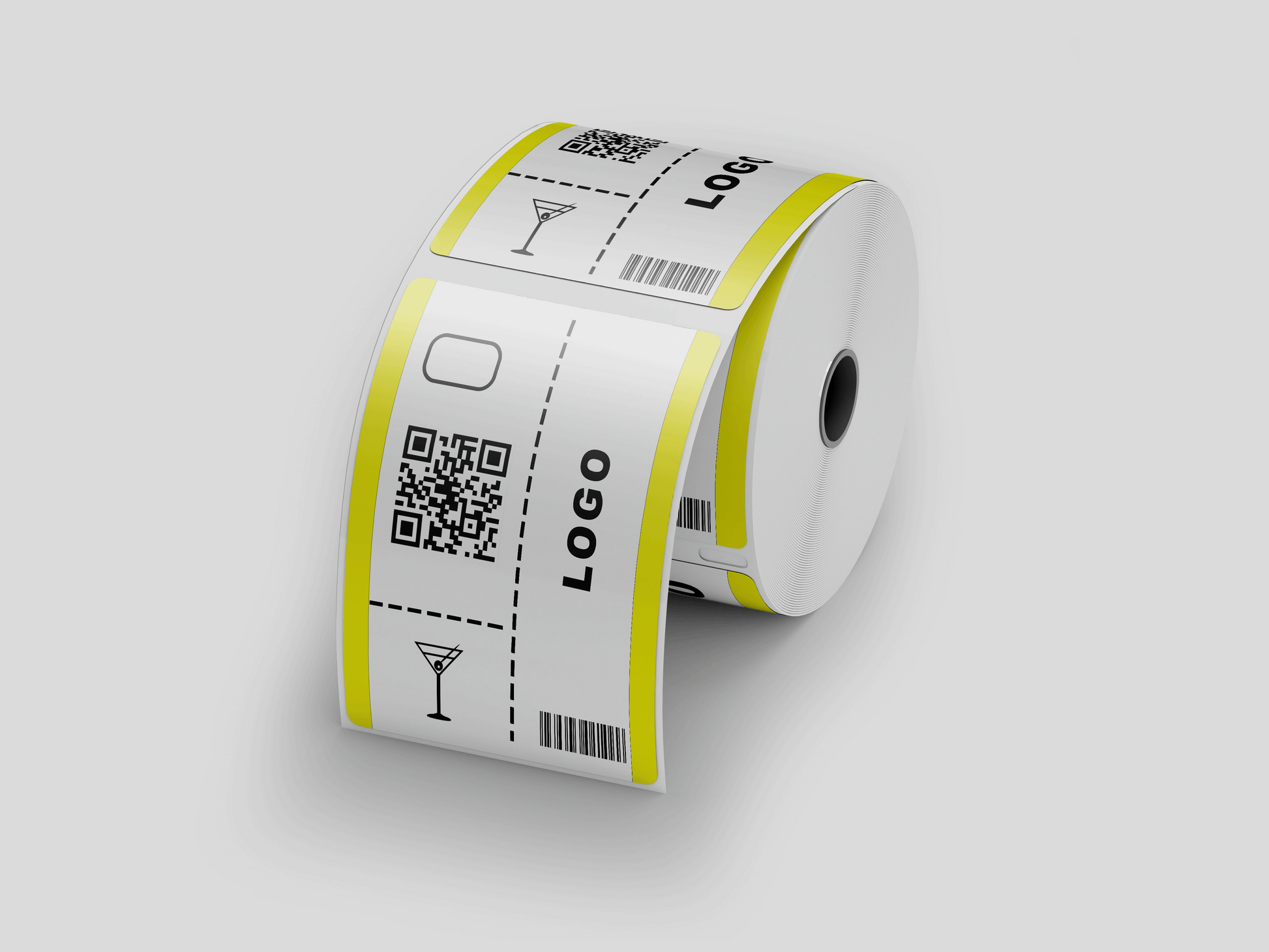 En rull Garderobelapper trykk Via e-postbilletter på hvit bakgrunn, egnet for innløsning av JM Band NO.