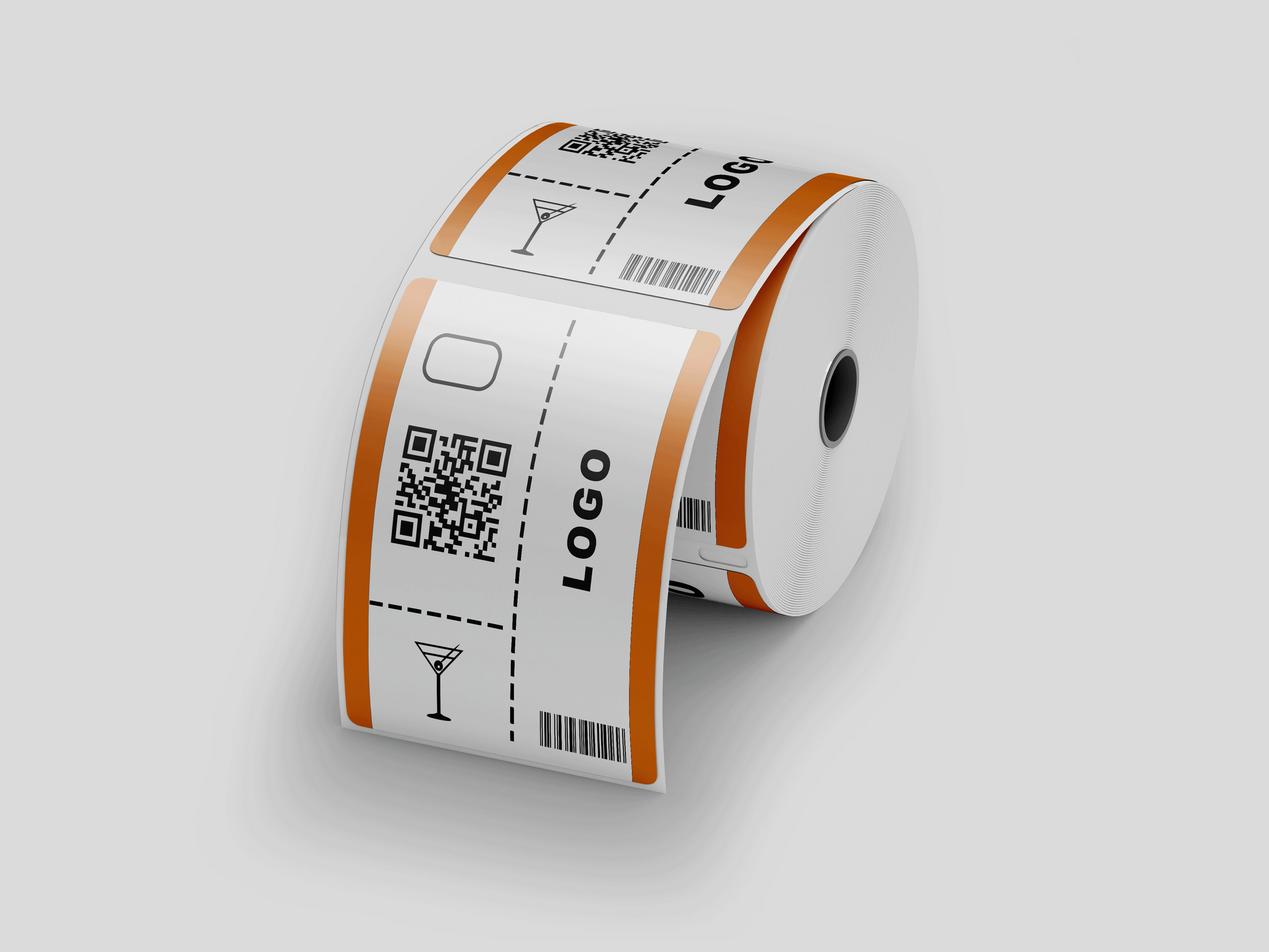 En rull med JM Band NO Garderobelapper trykk Via e-postetiketter på hvit bakgrunn for garderobebilletter.