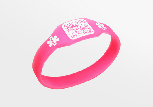 Et rosa Silikon Armbånd med QR-Kode fra JM Band NO.